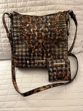 NWOTBrahmin Croc Design Leather Crossbody Bag & Wallet-Brown & Gold Houndstooth